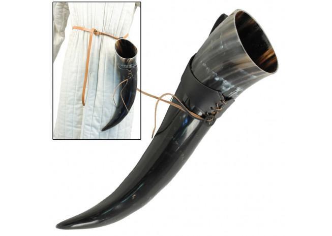 XL Drinking Horn with Black Leather Belt Frog