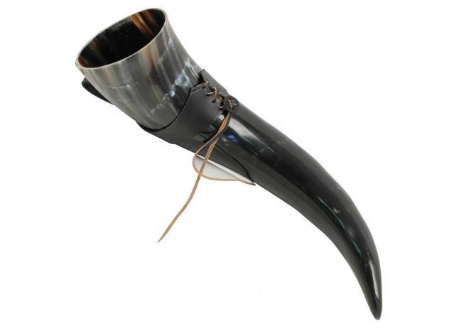 XL Drinking Horn with Black Leather Belt Frog