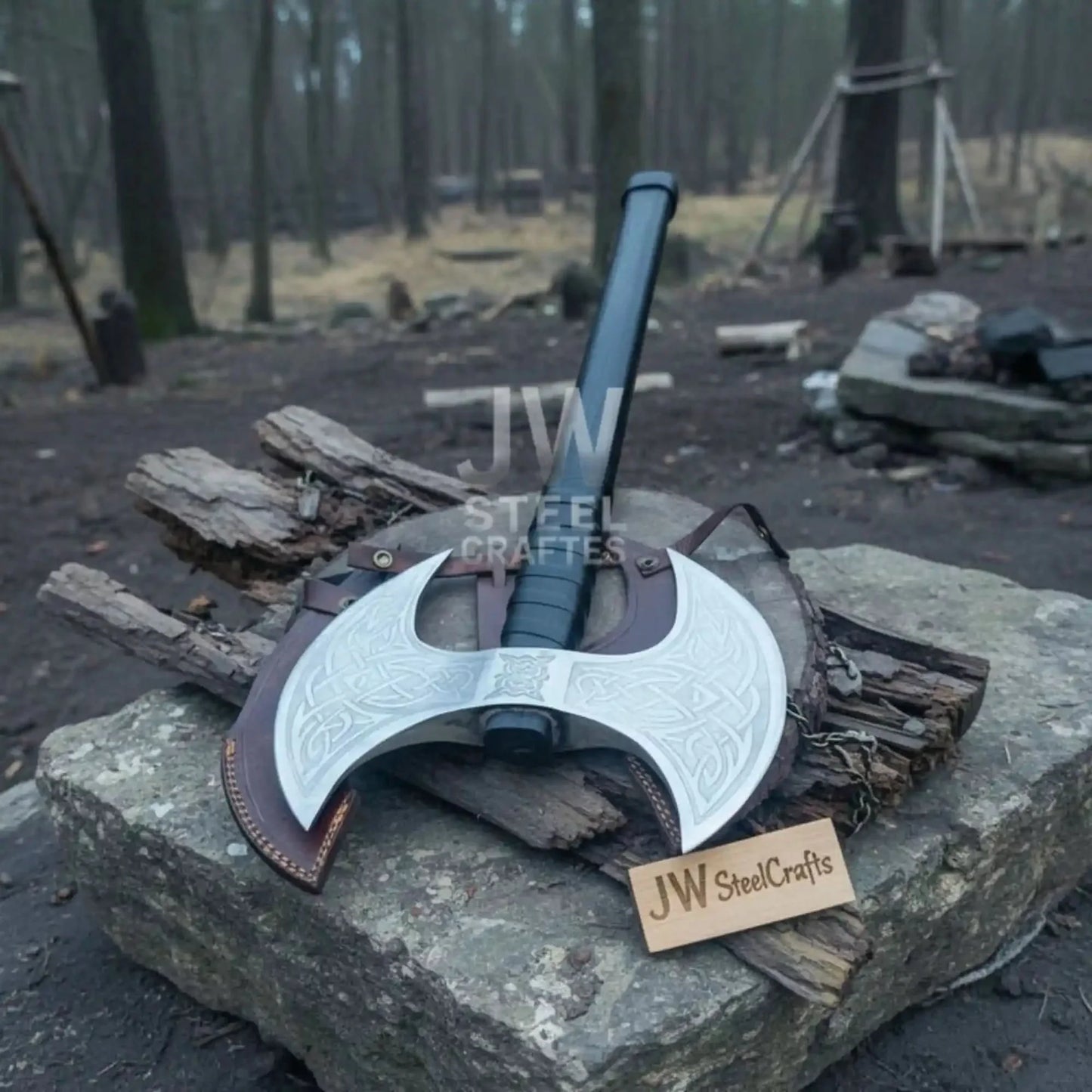 Handcrafted Double-Headed Decorative Axe featuring Nordic-style Engravings and Cord-wrapped Grip