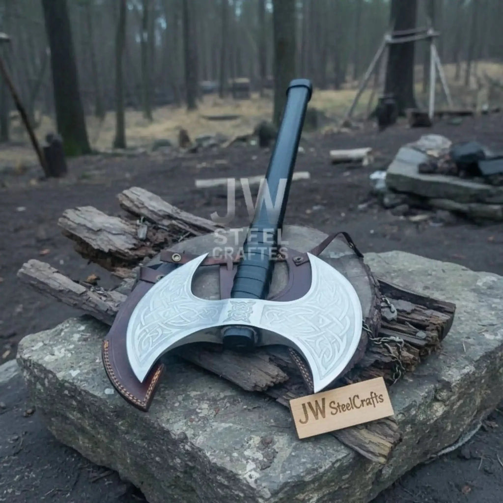 Handcrafted Double-Headed Decorative Axe featuring Nordic-style Engravings and Cord-wrapped Grip